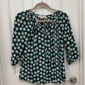 LOFT Women's Teal and White Polka Dot Blouse